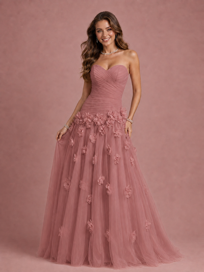 Blush Pink Strapless Sweetheart 3D Floral Tulle Ball Gown Prom Dres