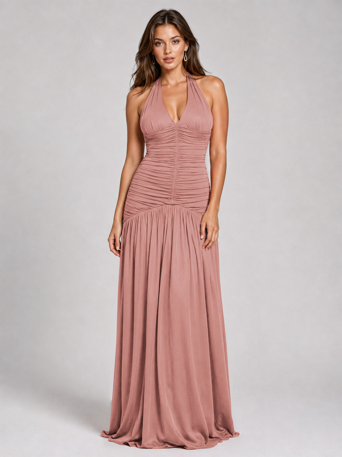 Burnt Orange Ruched Halter Drop-Waist Prom Dress