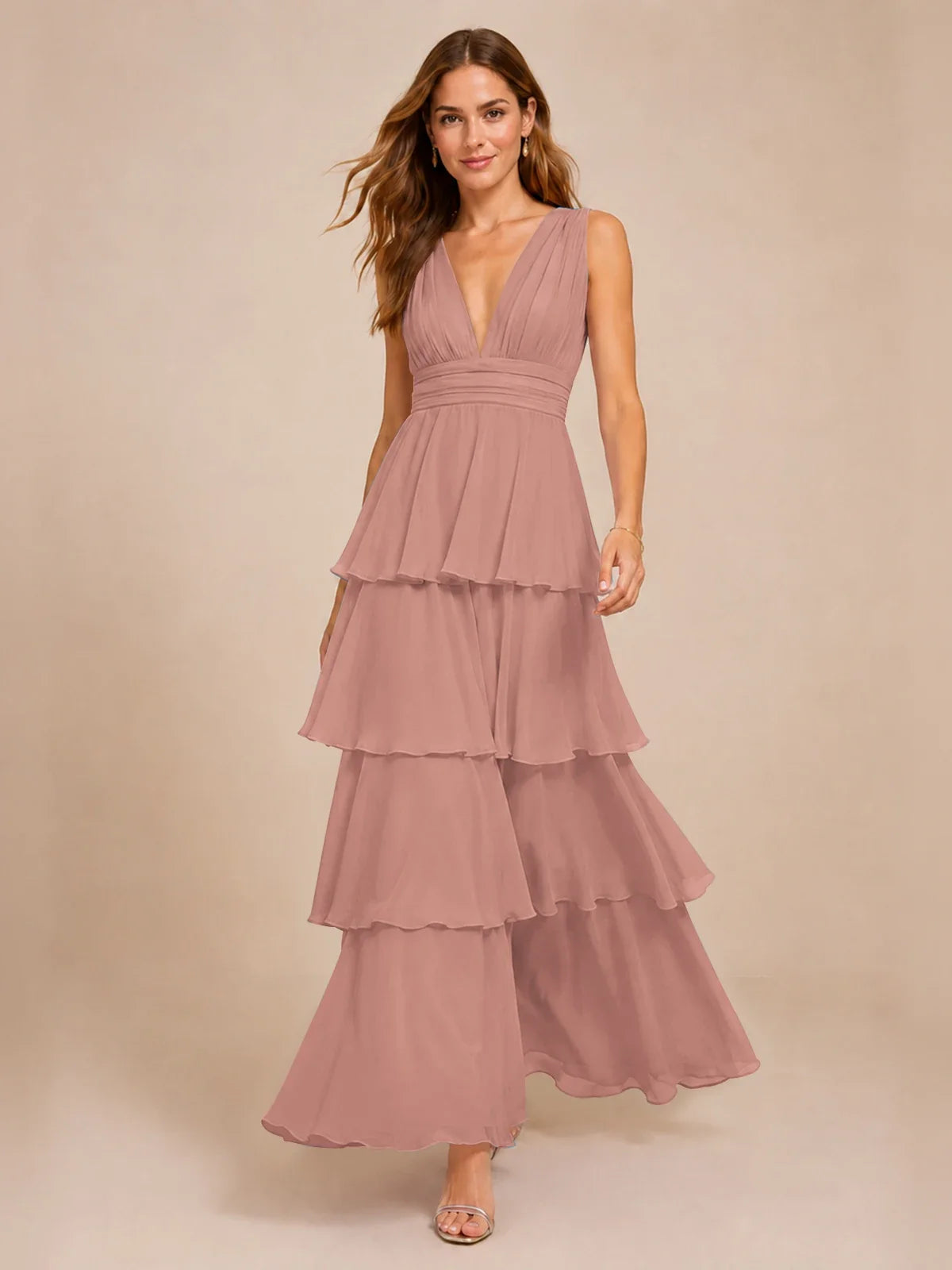 Elegant Deep V Neck Chiffon Bridesmaid Dress with Tiered Ruffles