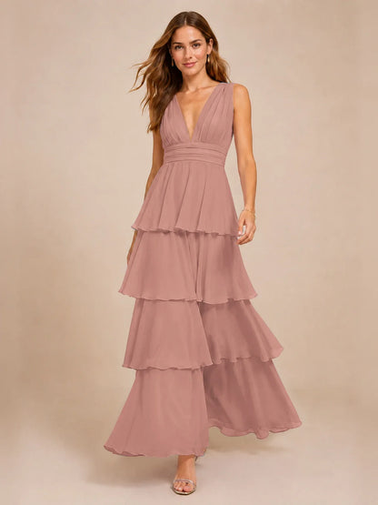 Elegant Deep V Neck Chiffon Bridesmaid Dress with Tiered Ruffles