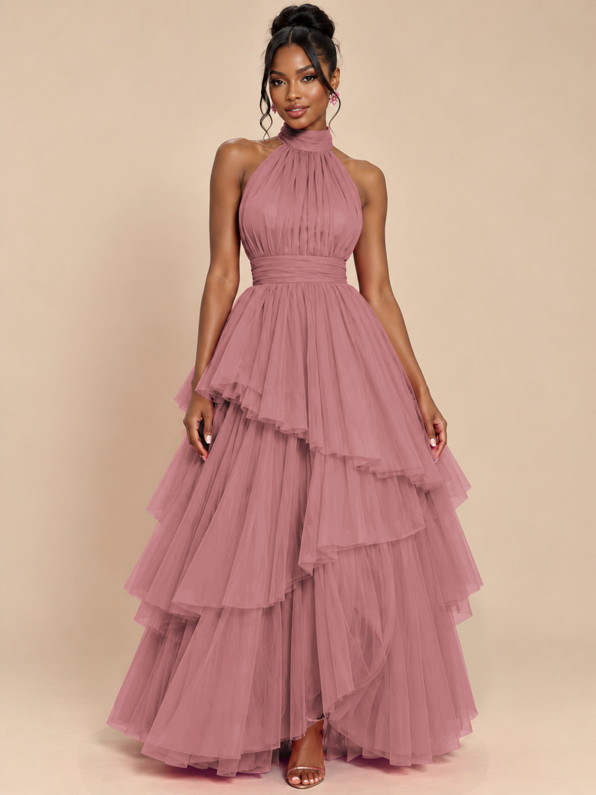 Hot Pink Tulle Halter Neck Tiered Ruffle Maxi Dress