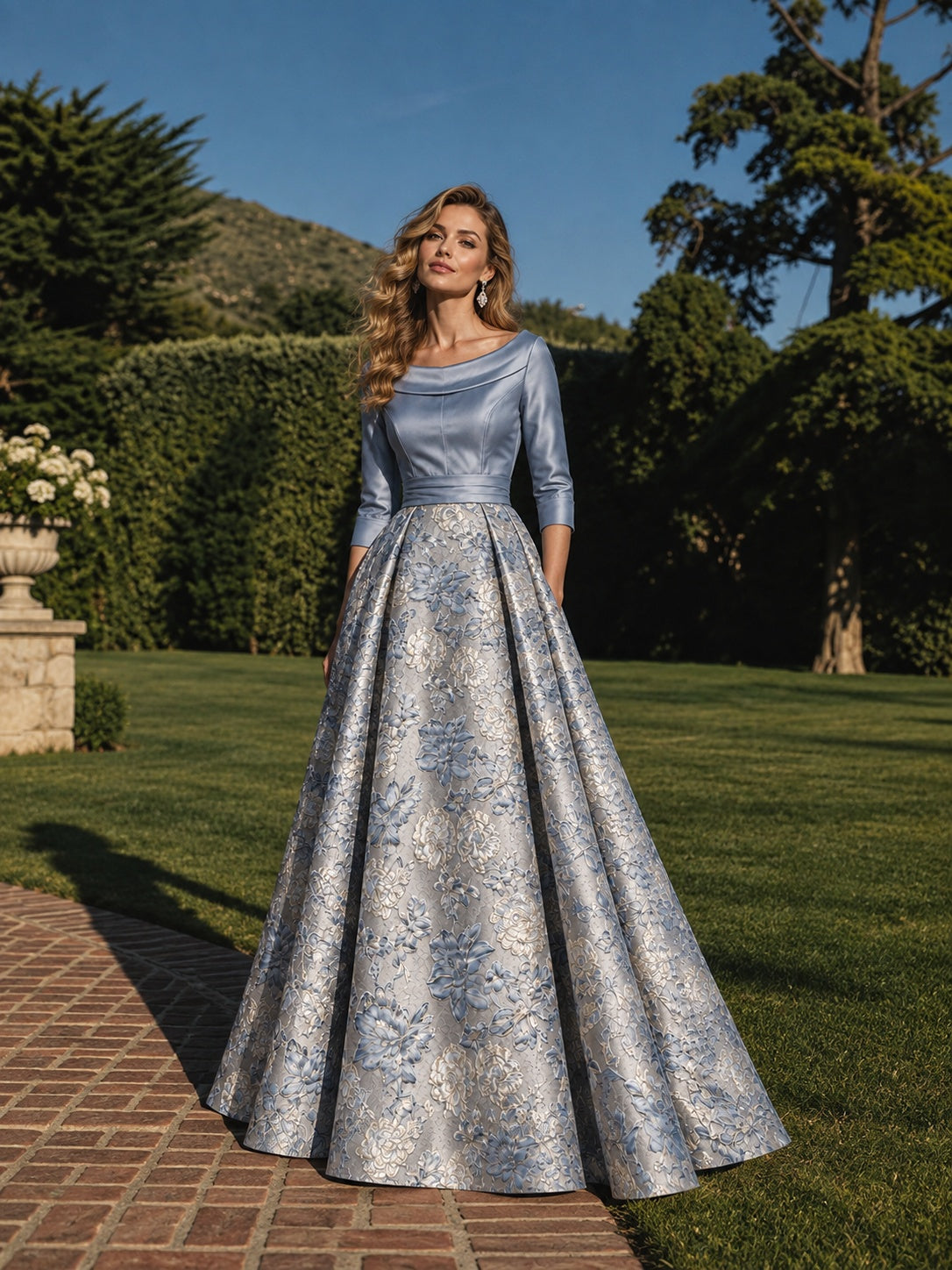 Dusty Blue Floral Jacquard Mother of the Bride Dress