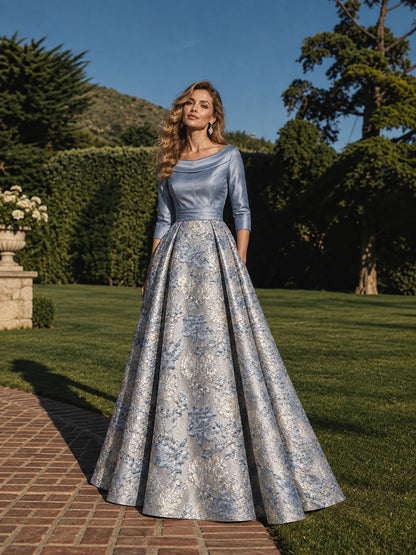 Dusty Blue Floral Jacquard Mother of the Bride Dress