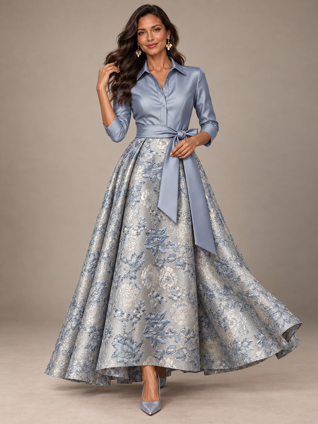 Dusty Blue Floral Jacquard Mother of the Bride A-Line Gown