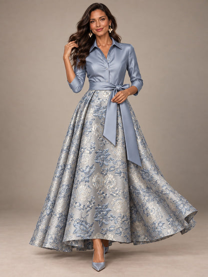 Dusty Blue Floral Jacquard Mother of the Bride A-Line Gown