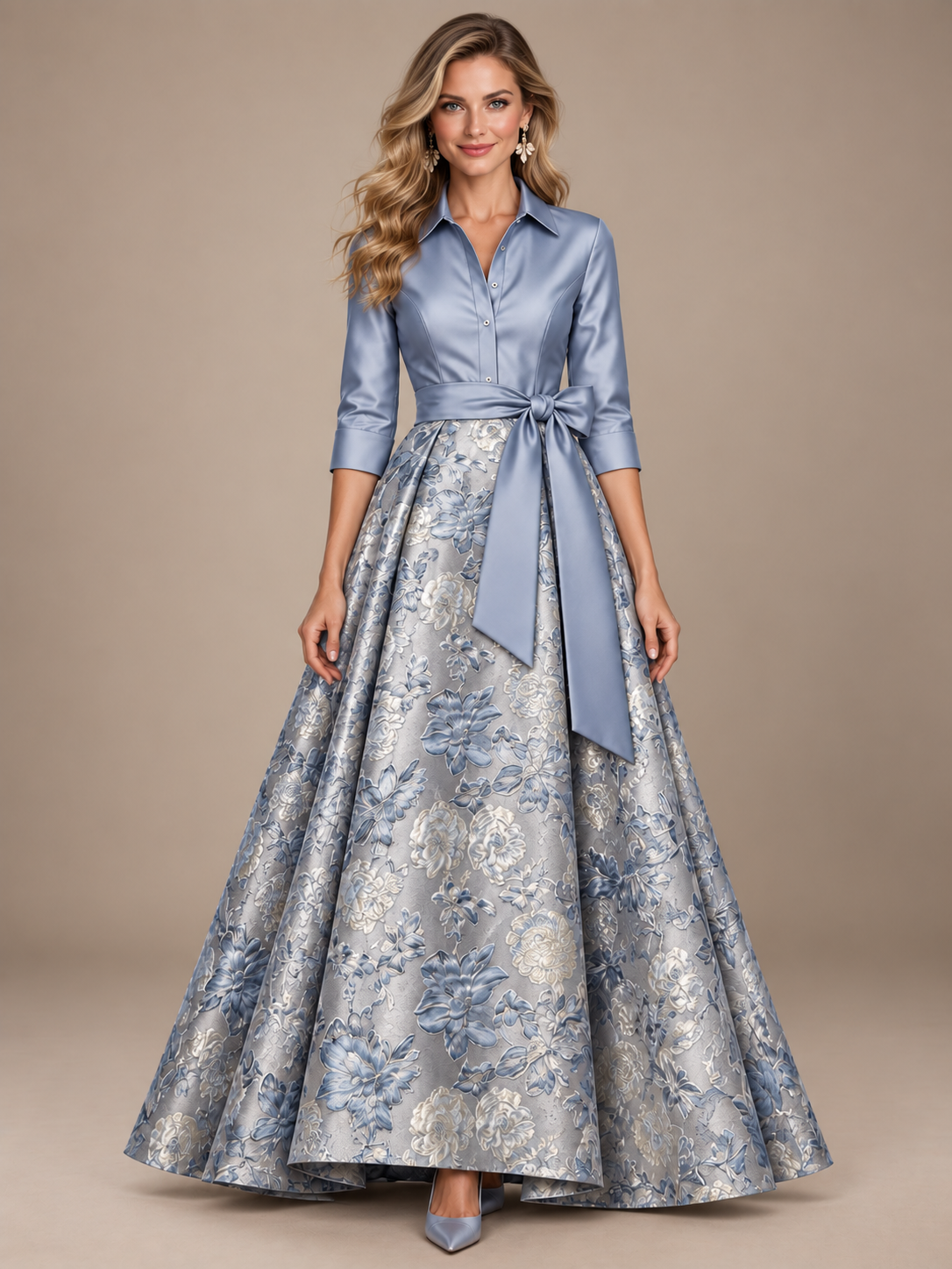 Dusty blue floral jacquard mother of the bride A-line gown
