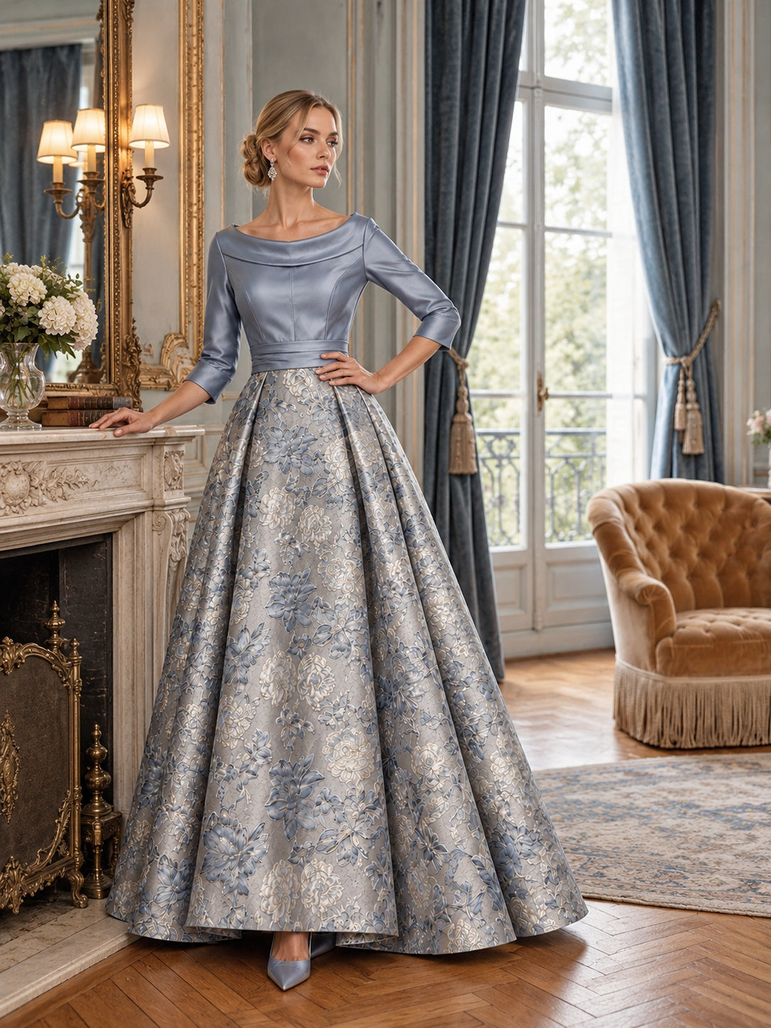 Dusty blue floral jacquard mother of the bride dress with 3/4 sleeves