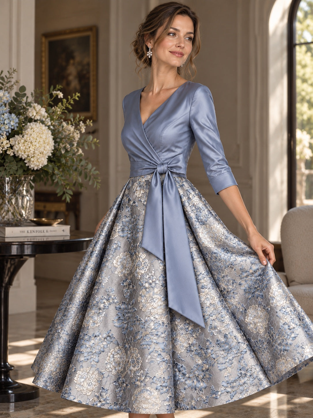 Dusty Blue Floral Jacquard Mother of the Bride Midi Dress