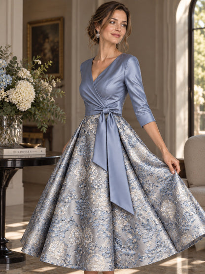 Dusty Blue Floral Jacquard Mother of the Bride Midi Dress