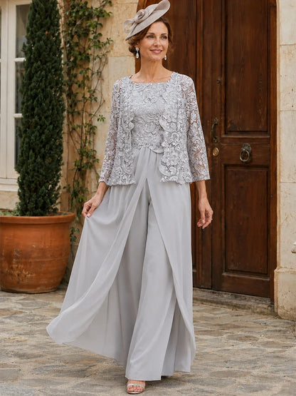 Elegant 3-Piece Chiffon Mother of the Bride Pantsuit with Floral Applique Jacket