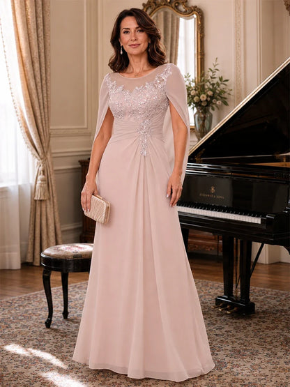 Elegant Applique Chiffon Mother of the Bride Dress with Cape Sleeves