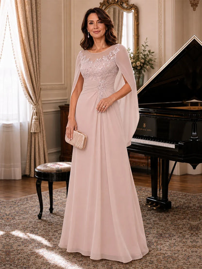 Elegant Applique Chiffon Mother of the Bride Dress with Cape Sleeves