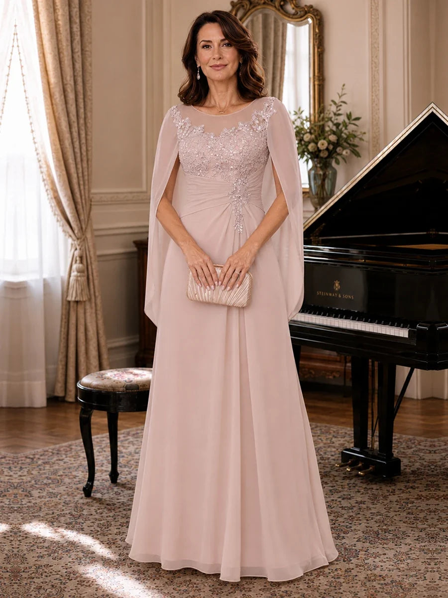 Elegant Applique Chiffon Mother of the Bride Dress with Cape Sleeves
