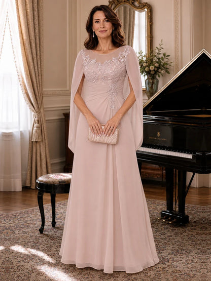 Elegant Applique Chiffon Mother of the Bride Dress with Cape Sleeves