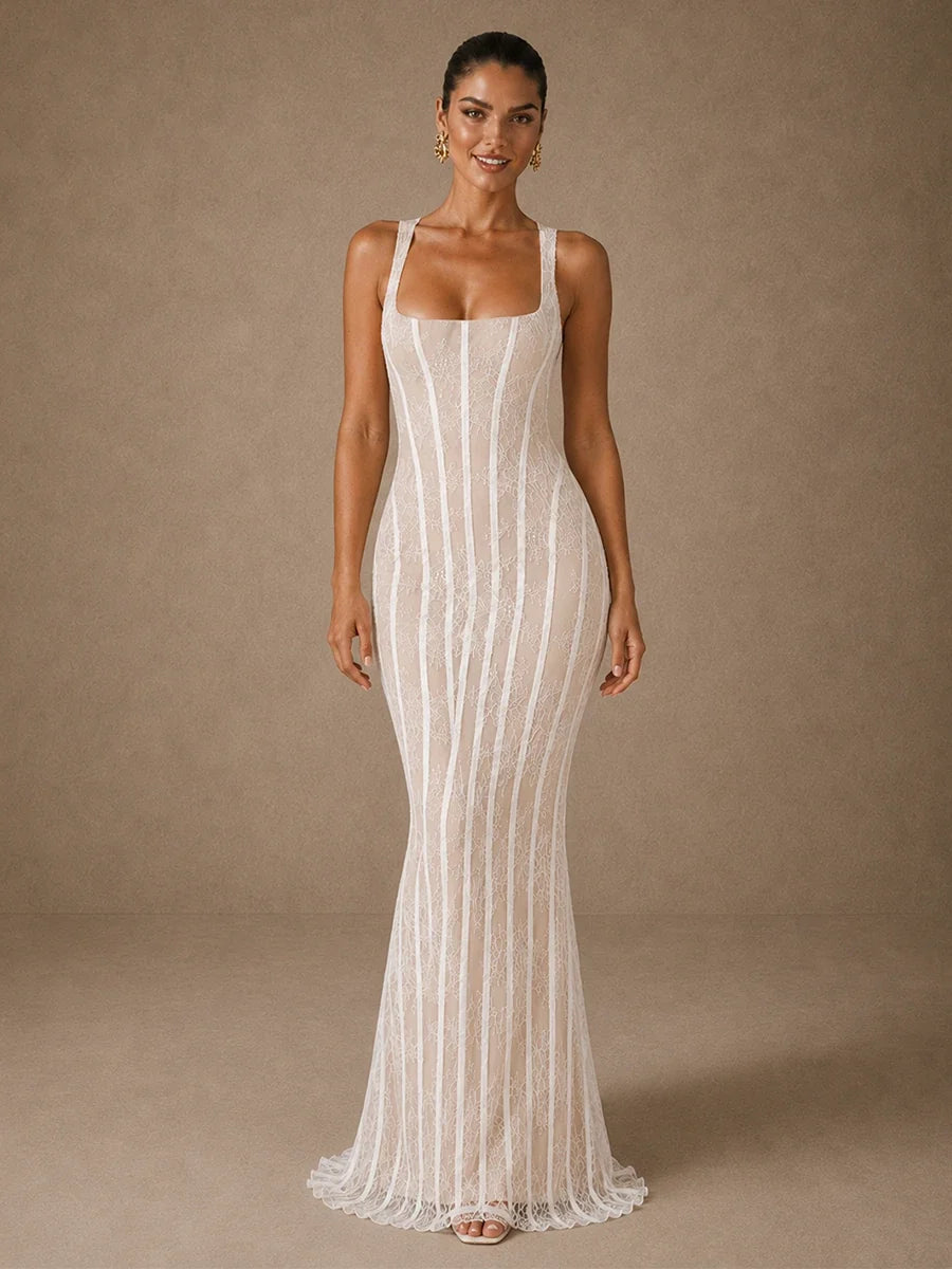 Jovellee Elise white lace mermaid wedding dress with square neckline and floor-length flared hem