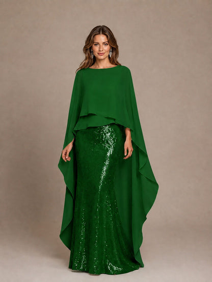 Sage Green Sequin Cape Sleeve Mother of the Bride Gown