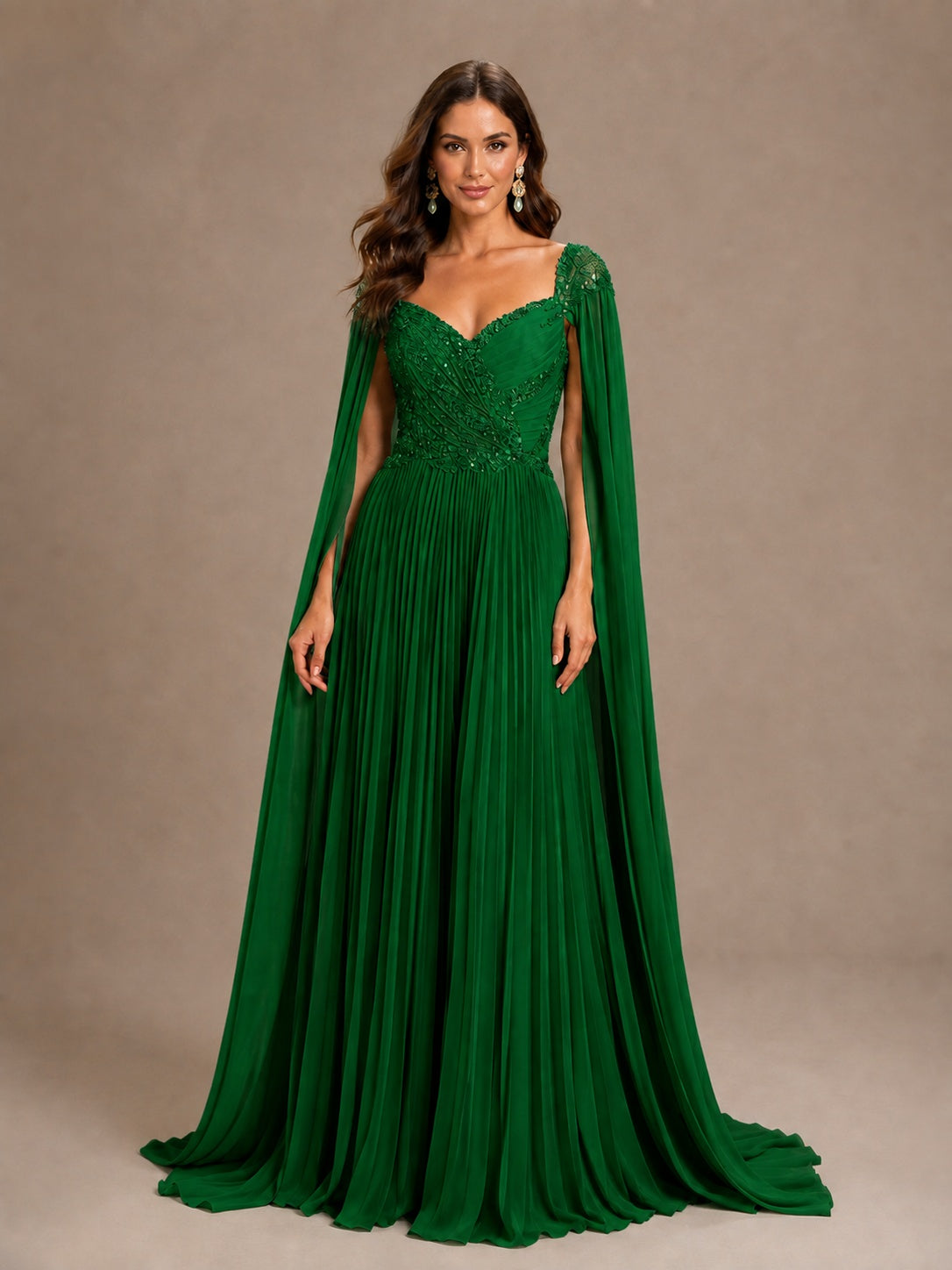 Sage Green Beaded Cape Sleeve Mother of the Bride Dress