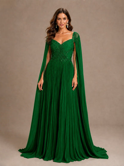 Sage Green Beaded Cape Sleeve Mother of the Bride Dress