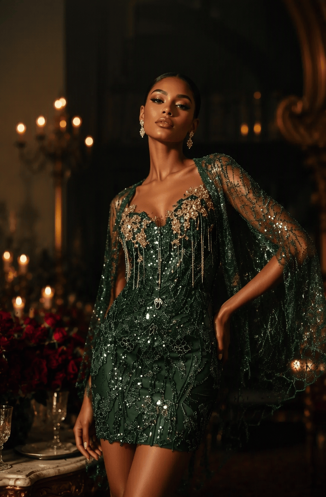 Emerald Green Sequin Gold Tassel Sheer Cape Homecoming Dress - Front View