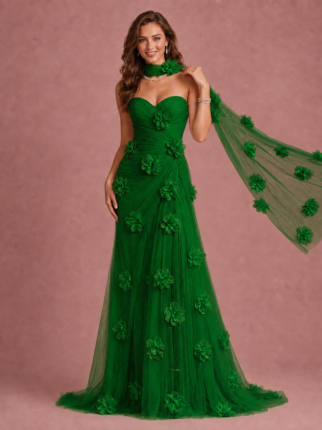 Blush Pink Strapless Sweetheart 3D Floral Tulle Mermaid Prom Dress