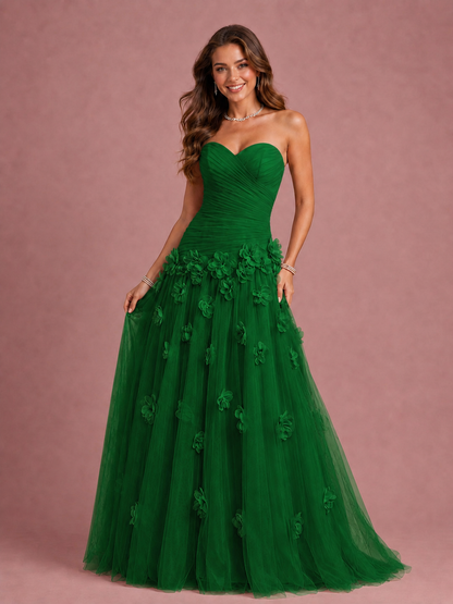 Blush Pink Strapless Sweetheart 3D Floral Tulle Ball Gown Prom Dres
