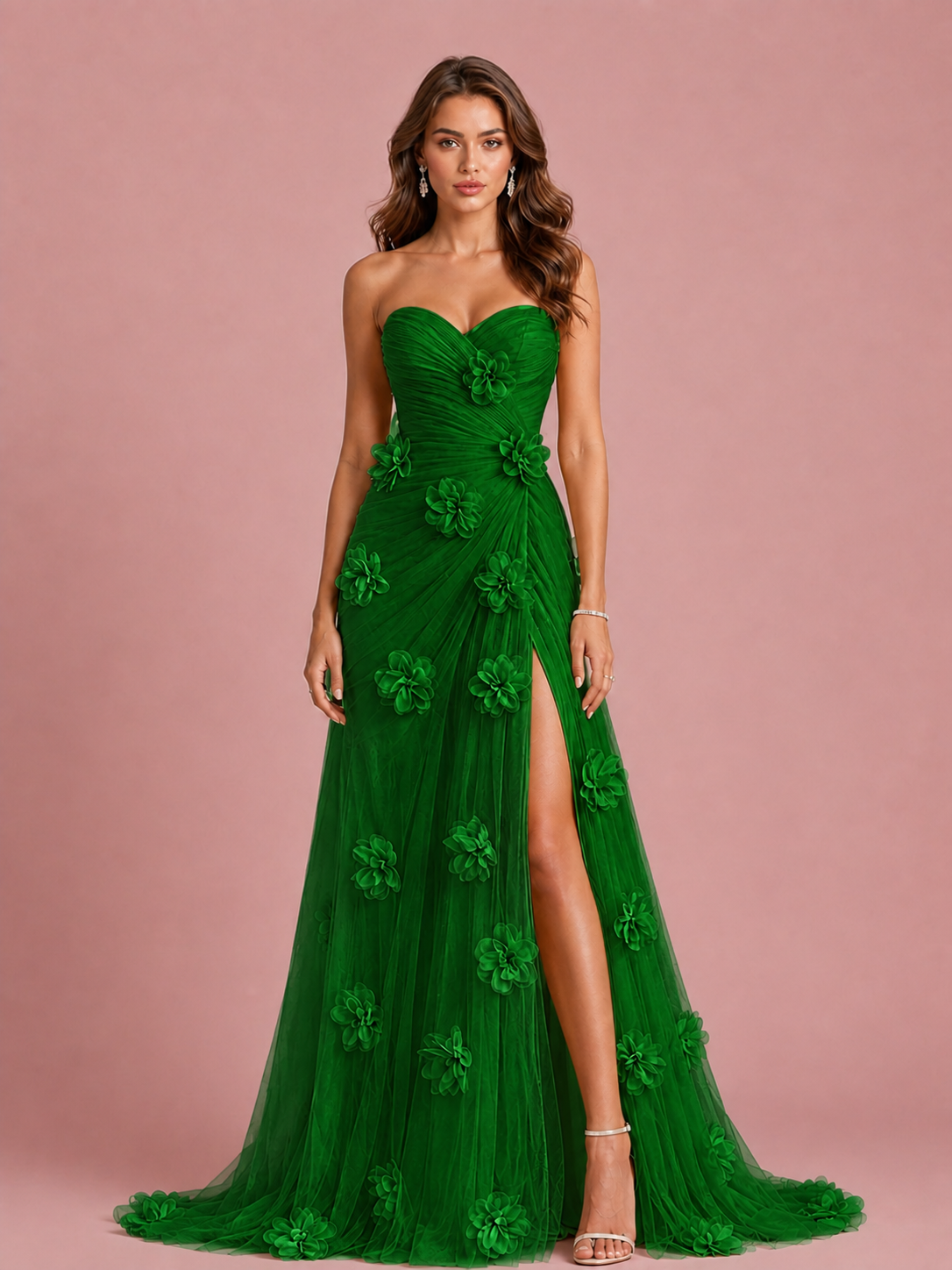 Pink 3D Floral Applique Strapless Tulle Prom Dress with High Slit