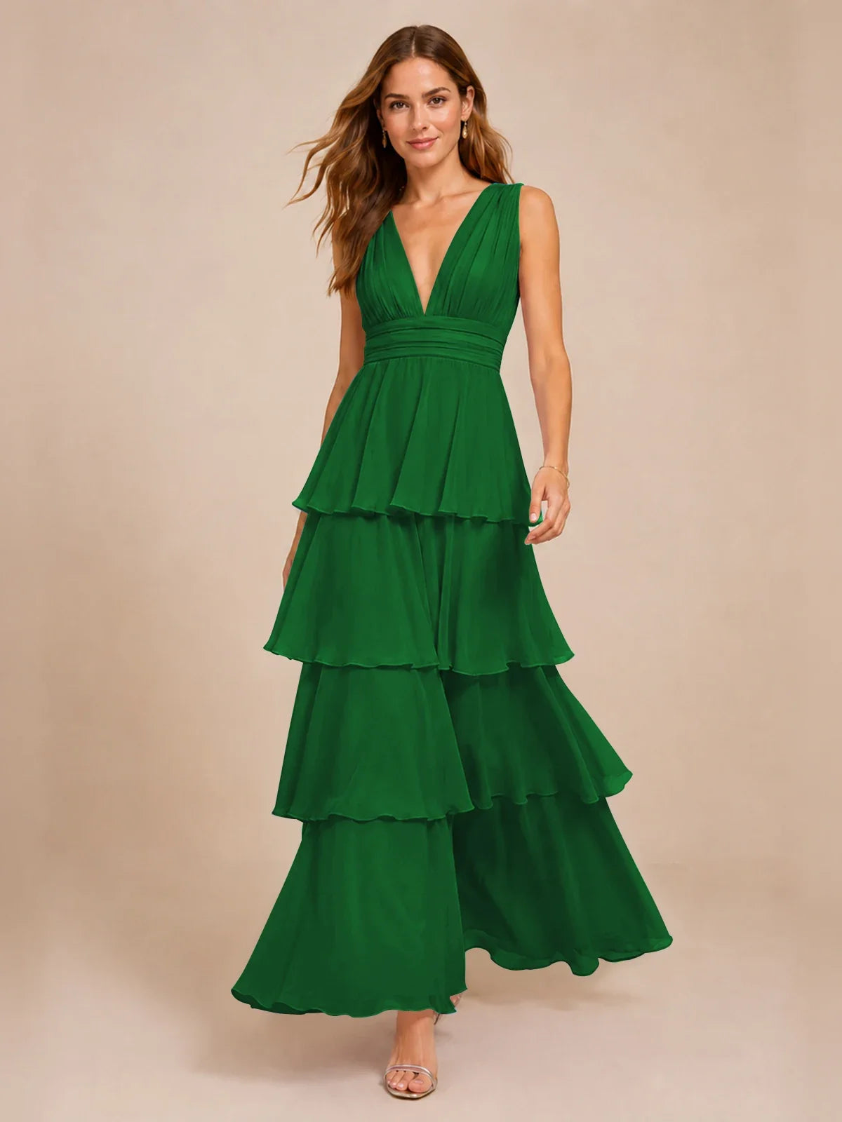 Elegant Deep V Neck Chiffon Bridesmaid Dress with Tiered Ruffles