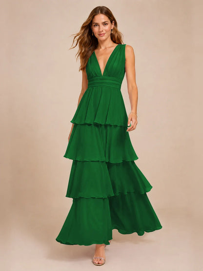 Elegant Deep V Neck Chiffon Bridesmaid Dress with Tiered Ruffles