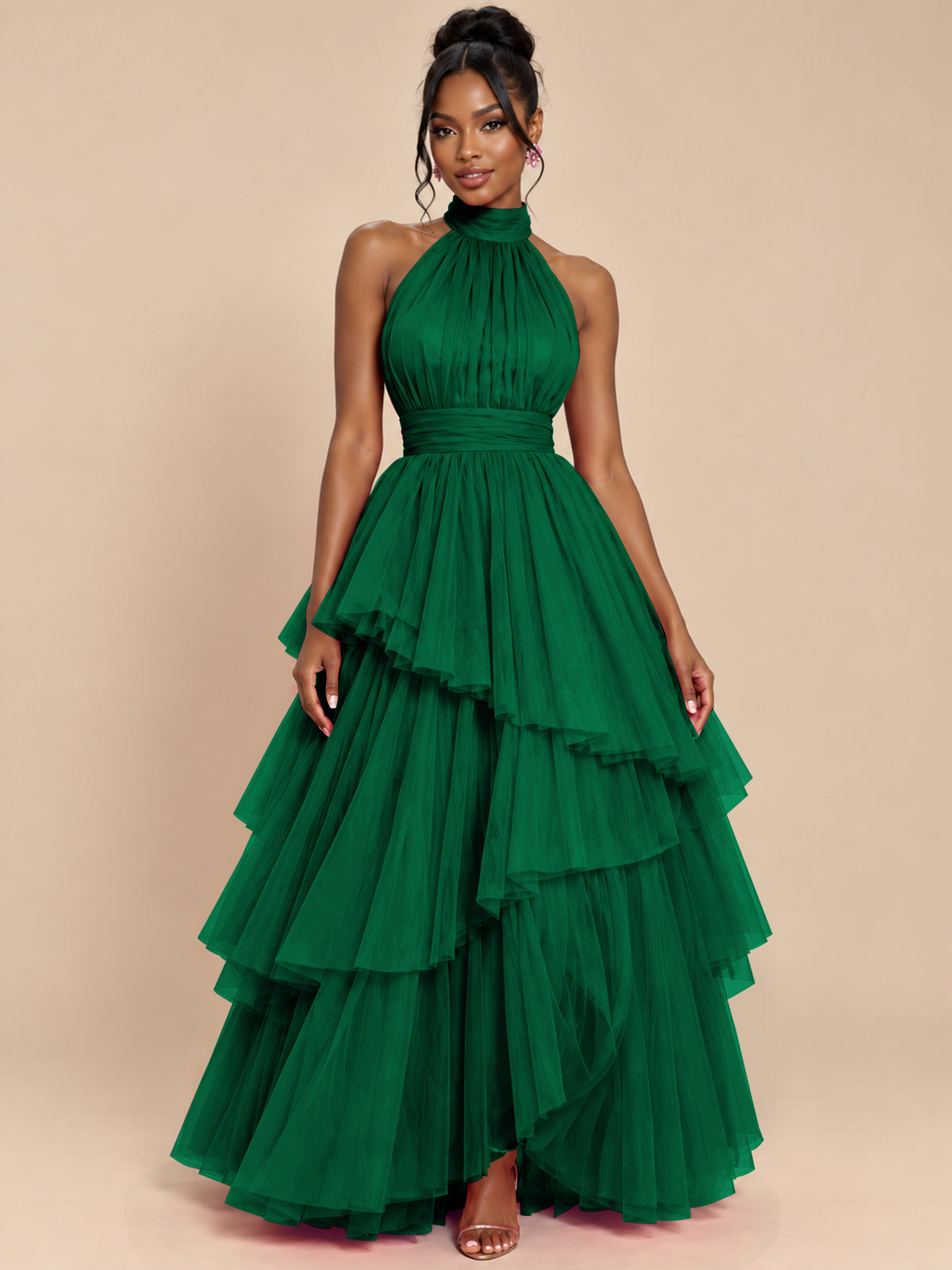 Hot Pink Tulle Halter Neck Tiered Ruffle Maxi Dress