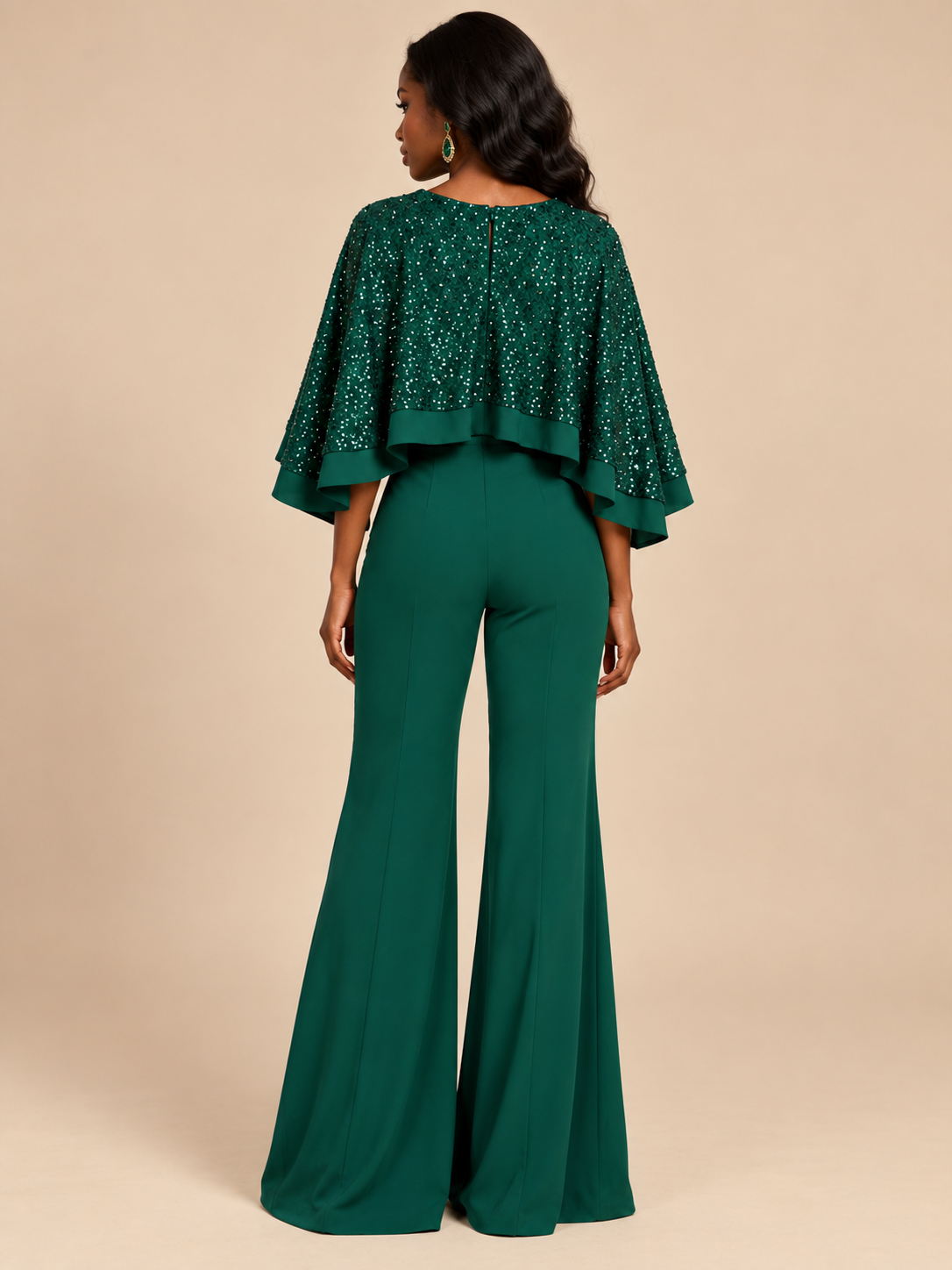 Emerald Green Sequin Cape Sleeve Wide-Leg Jumpsuit