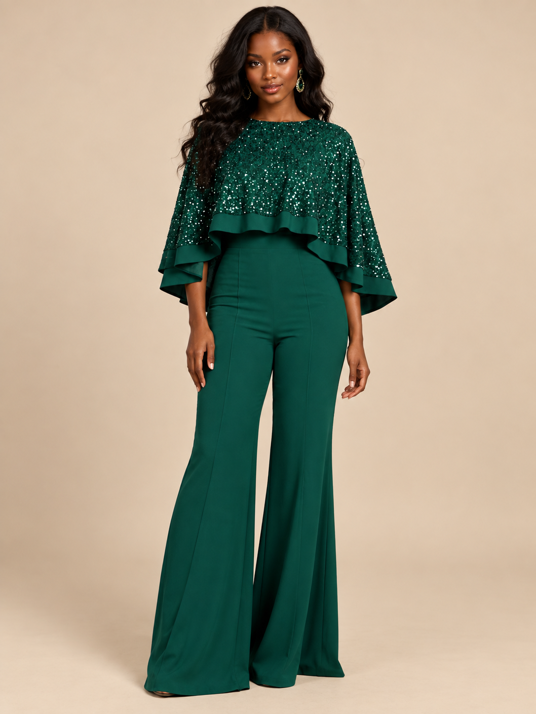 Emerald Green Sequin Cape Sleeve Wide-Leg Jumpsuit