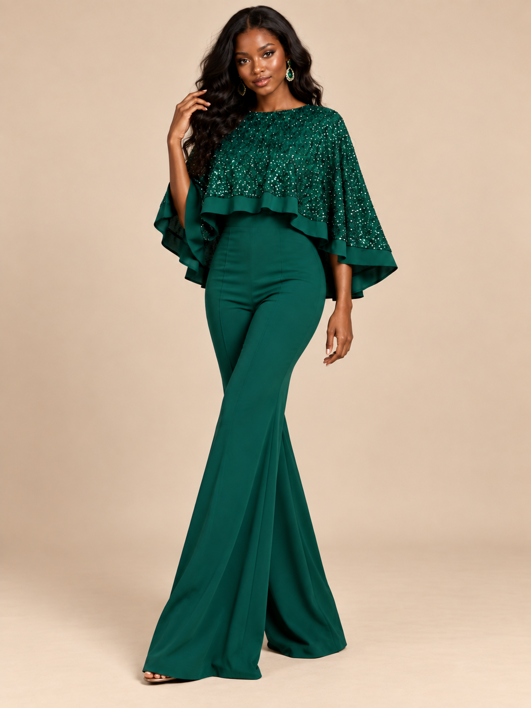Emerald Green Sequin Cape Sleeve Wide-Leg Jumpsuit