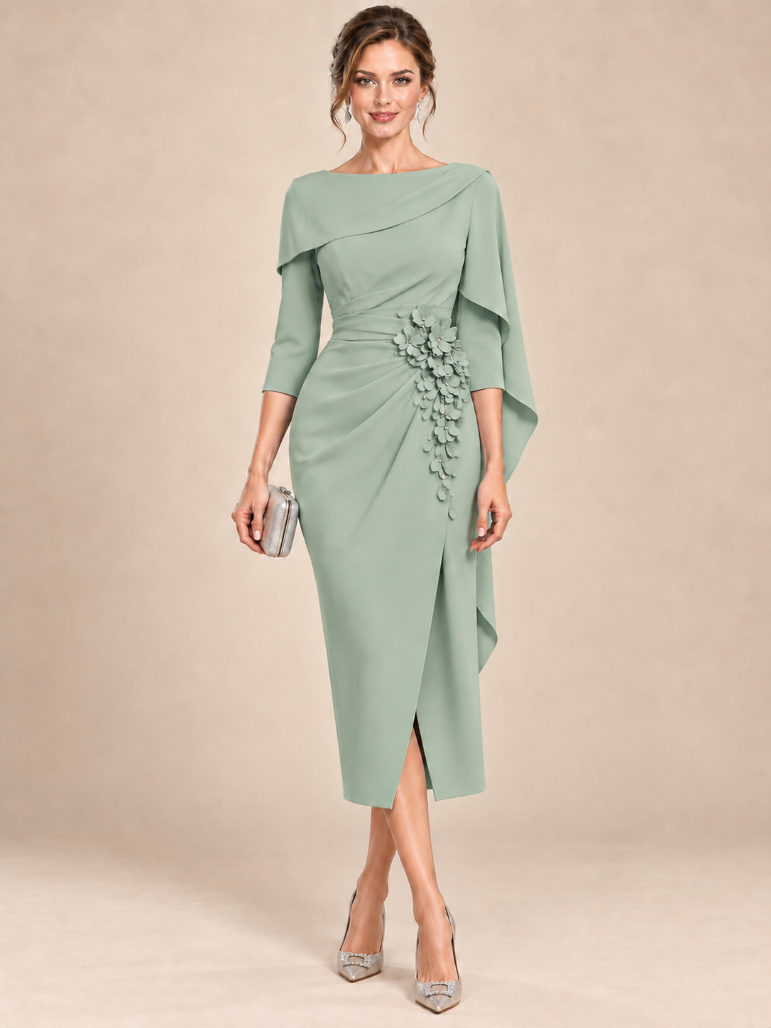 Light Blue Cape Sleeve Mother of the Bride Midi Dress with Floral Applique