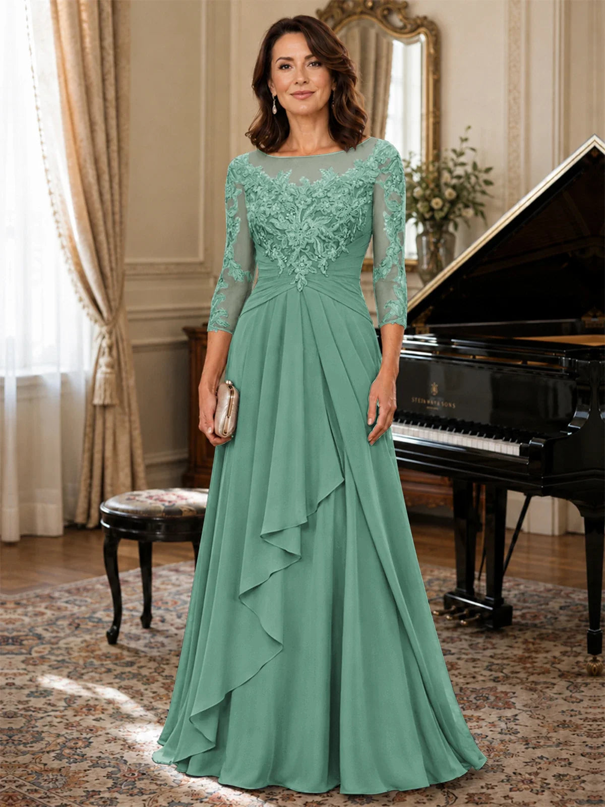 A-Line Chiffon Mother of the Bride Dress with Floral Applique 3/4 Sleeves