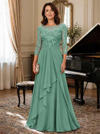 A-Line Chiffon Mother of the Bride Dress with Floral Applique 3/4 Sleeves