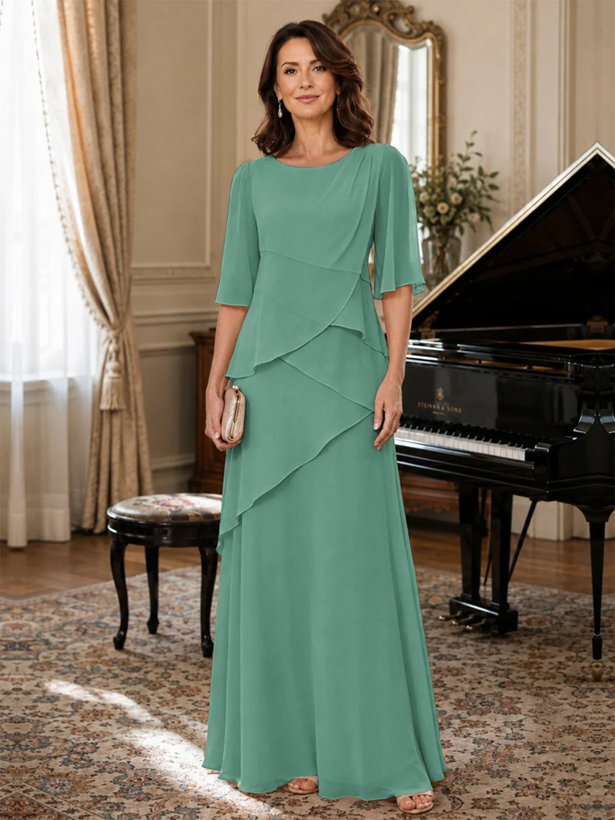 Asymmetric Draped Chiffon Mother of the Bride Dress with Flutter Sleeves
