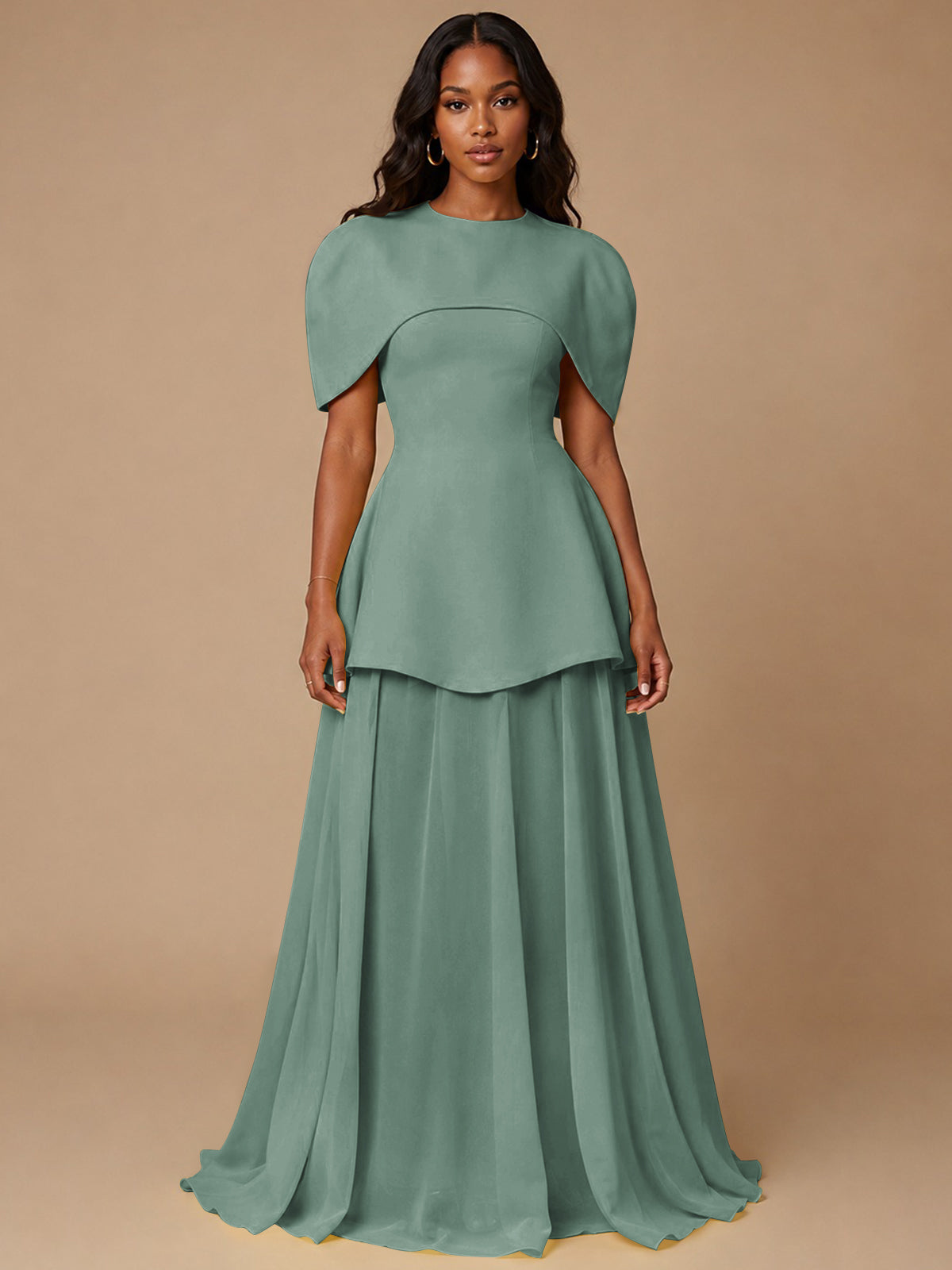Yellow Cape Sleeve Peplum Maxi Dress