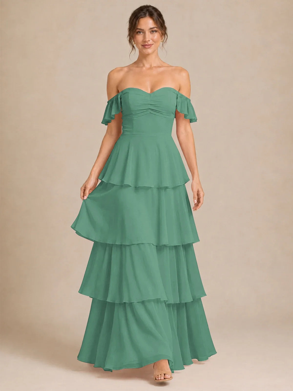 Off Shoulder Tiered Chiffon A-Line Bridesmaid Dress