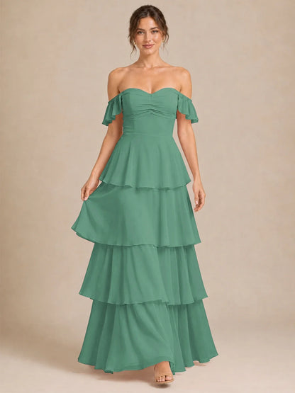 Off Shoulder Tiered Chiffon A-Line Bridesmaid Dress