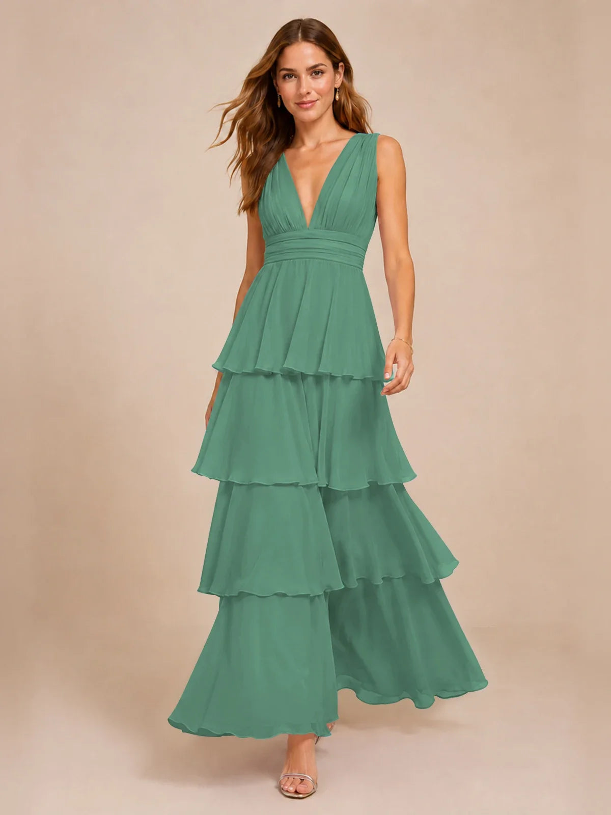 Elegant Deep V Neck Chiffon Bridesmaid Dress with Tiered Ruffles