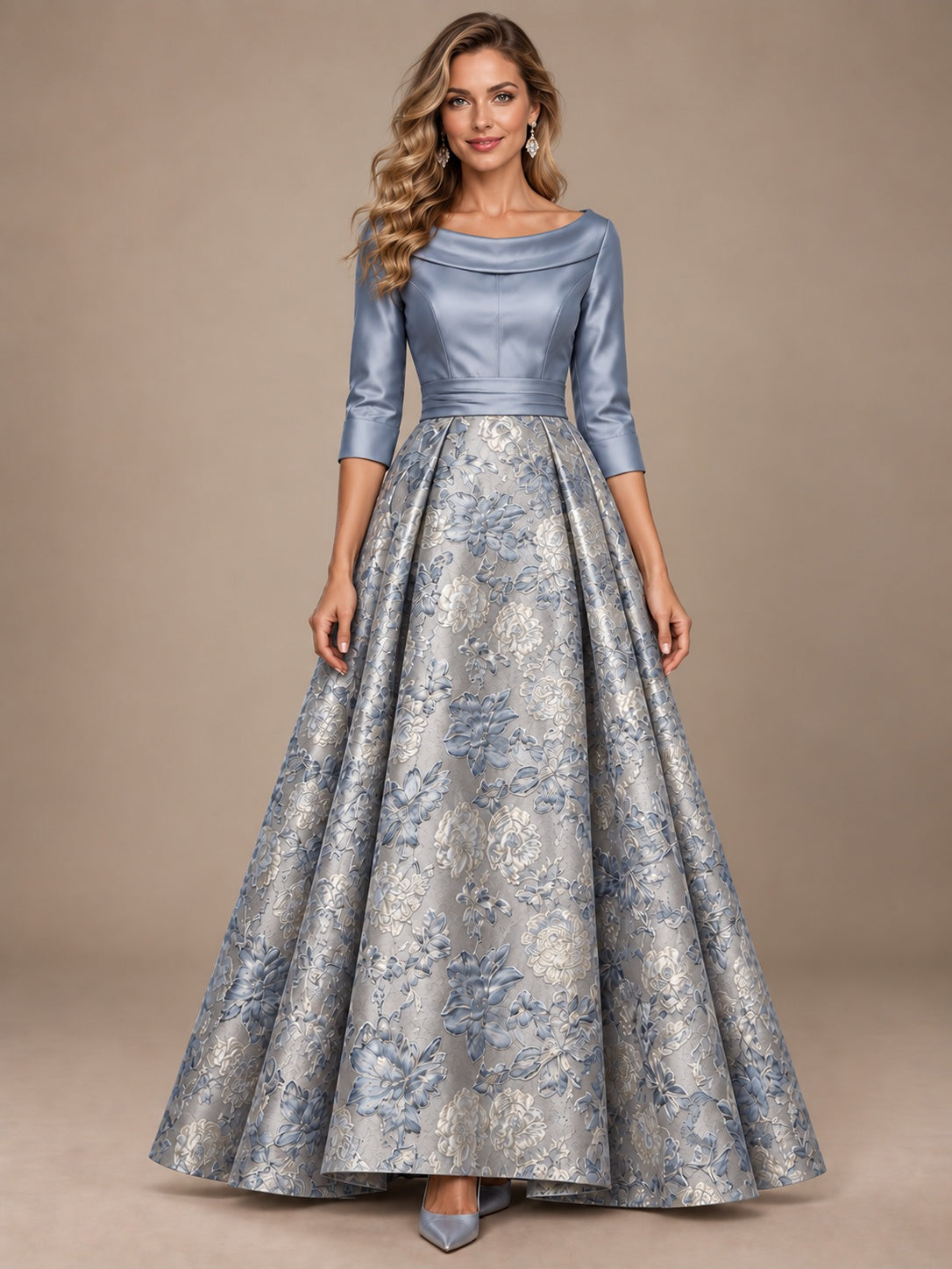 Dusty Blue Floral Jacquard Mother of the Bride Dress