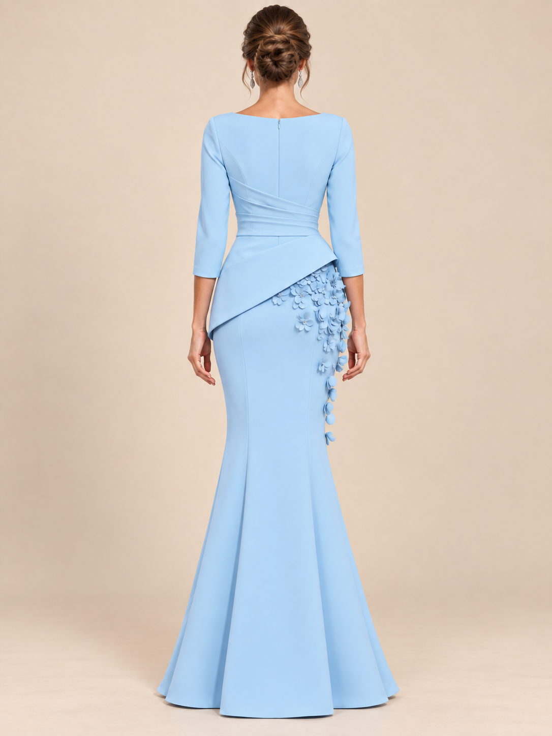 Light Blue 3/4 Sleeve Mermaid Mother of the Bride Dress with 3D Floral Applique