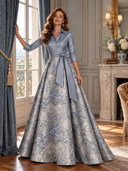 Dusty Blue Floral Jacquard Mother of the Bride A-Line Gown