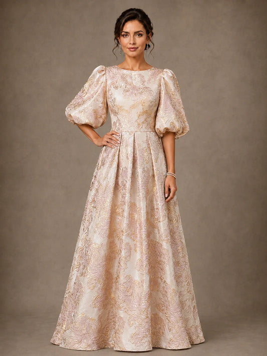 Blush floral jacquard mother of the bride gown with statement puff sleeves