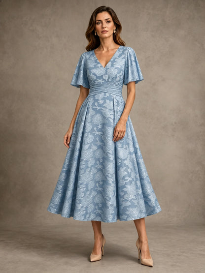 V-Neck Floral Jacquard Tea-Length Mother of the Bride Dress