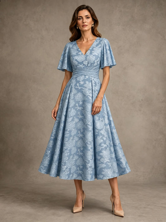 V-Neck Floral Jacquard Tea-Length Mother of the Bride Dress