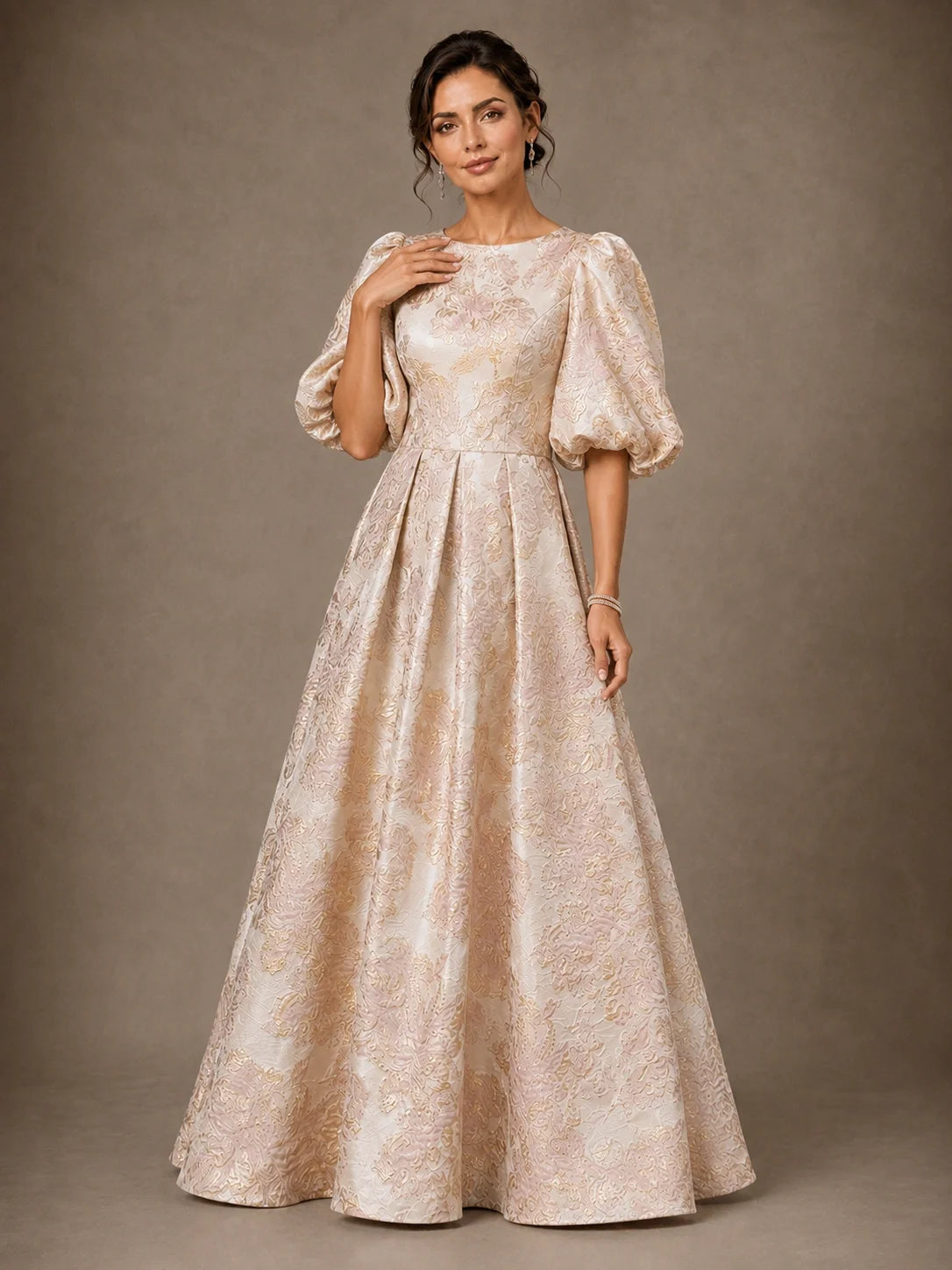 Floral Jacquard Mother of the Bride Gown with Puff Sleeves