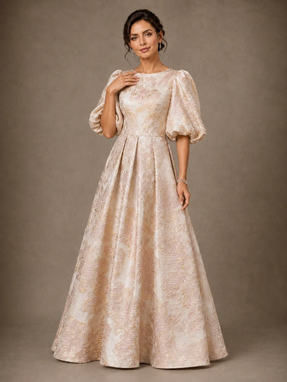 Floral Jacquard Mother of the Bride Gown with Puff Sleeves