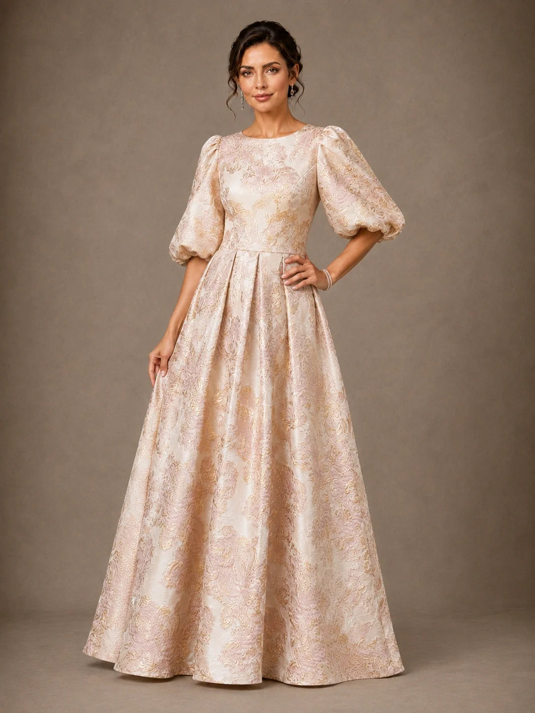 Floral Jacquard Mother of the Bride Gown with Puff Sleeves