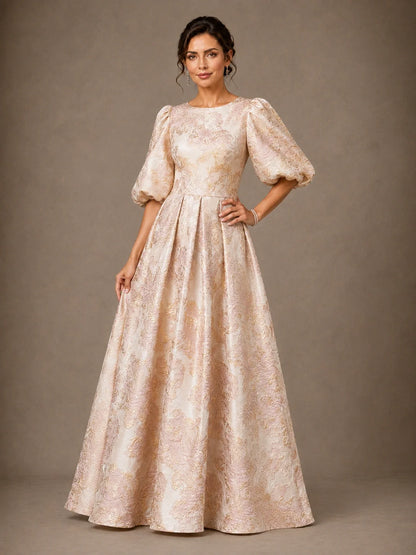 Floral Jacquard Mother of the Bride Gown with Puff Sleeves